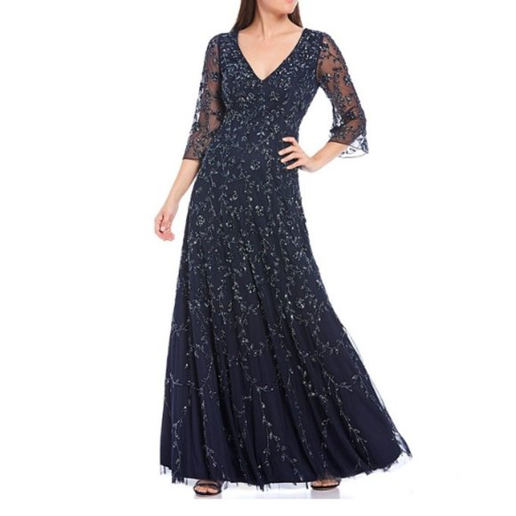 NWT $550 AIDAN MATTOX Fully Beaded V-neck Gown - Picture 2 of 16